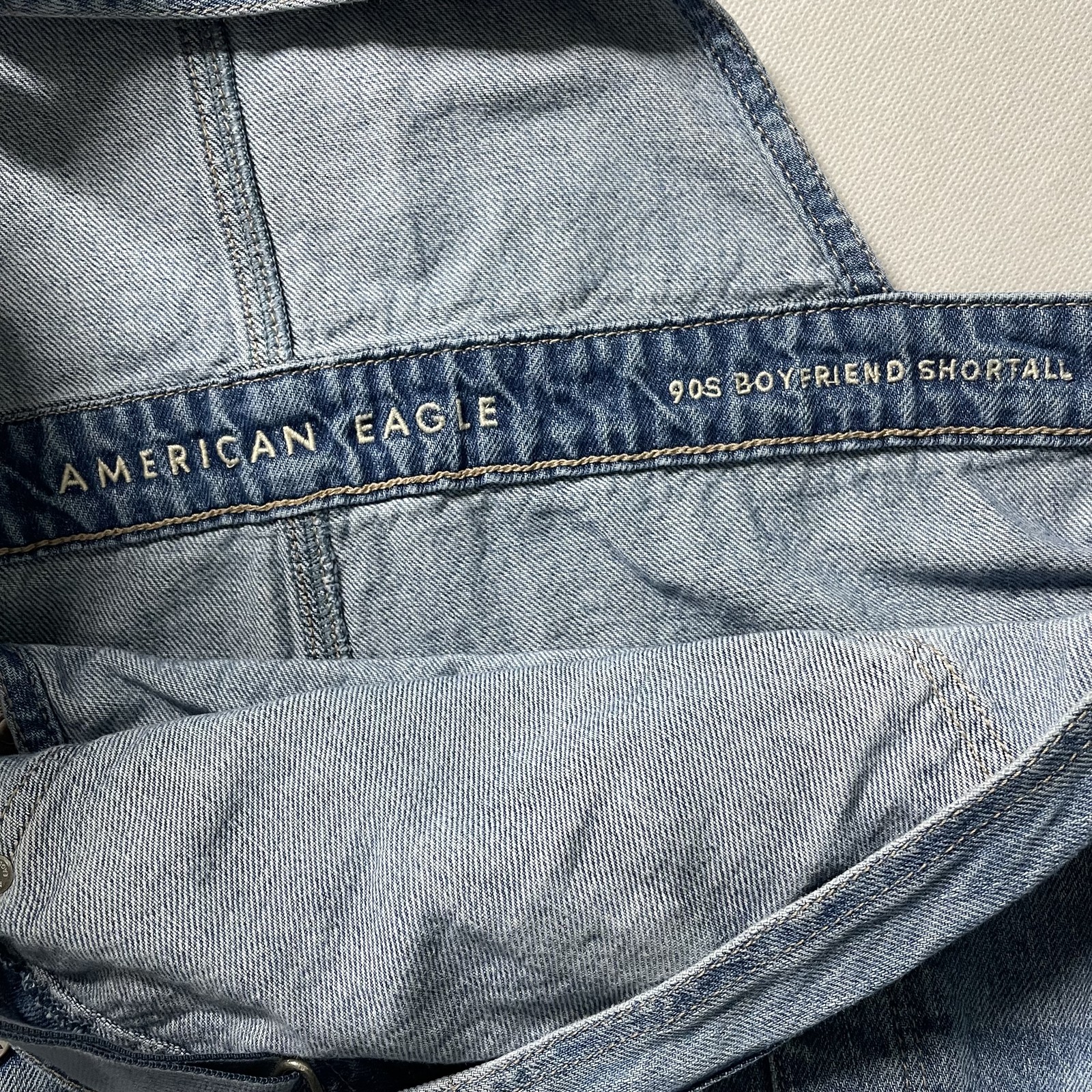 American Eagle Denim Shortall Distressed Frayed Hem Blue Women’s Size M -C