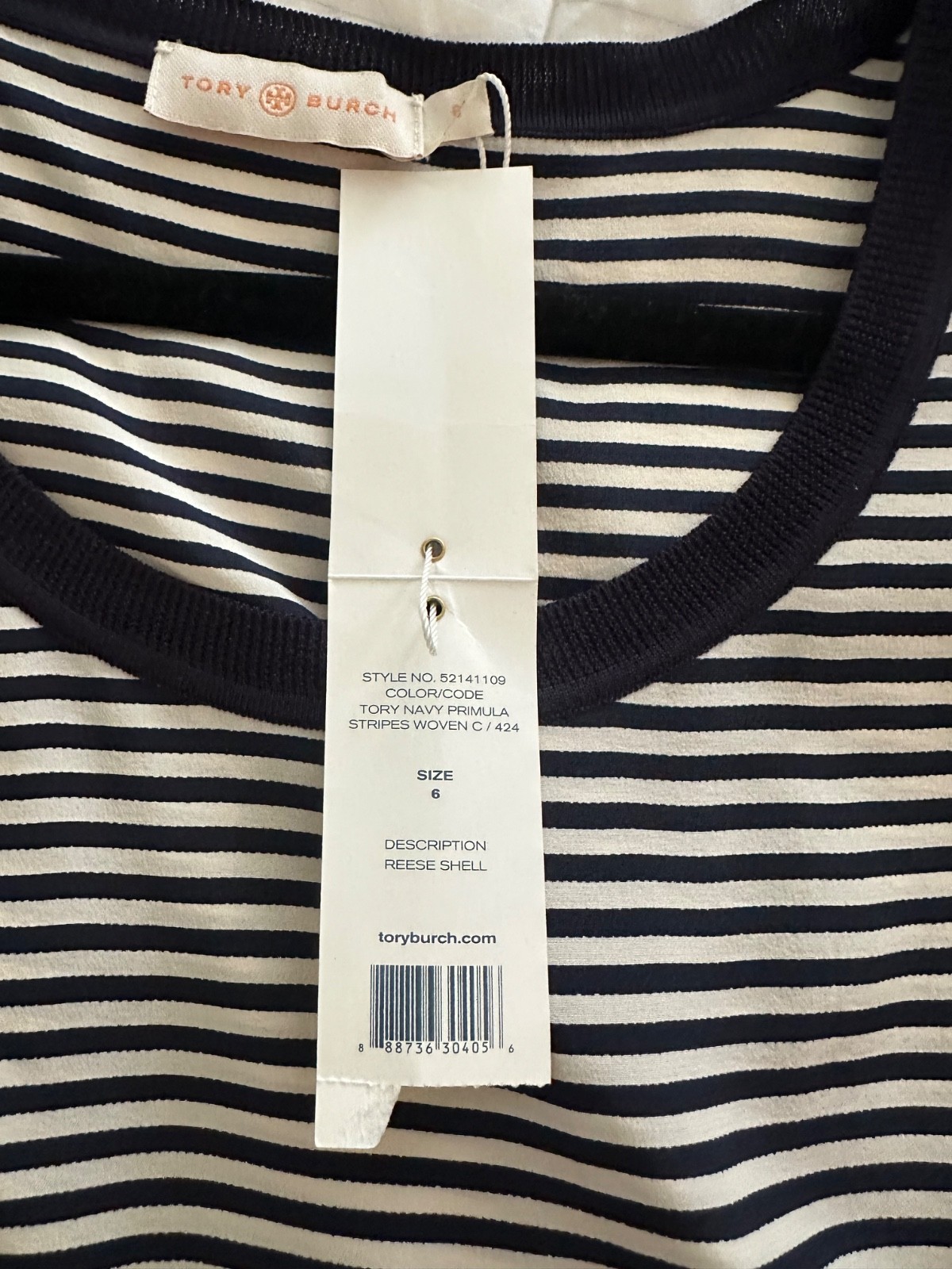 Tory Burch Women’s Silk Reese shell striped and flora Blouse,navy chiffon trim,