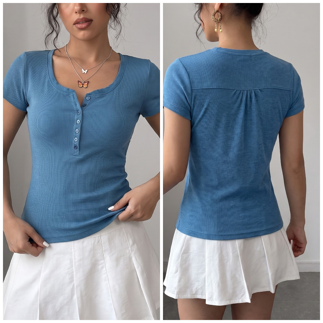 Y2k Mudd Ribbed Henley M Blue Slim fit Grunge Baby Tee Indie sleaze Elena Bella
