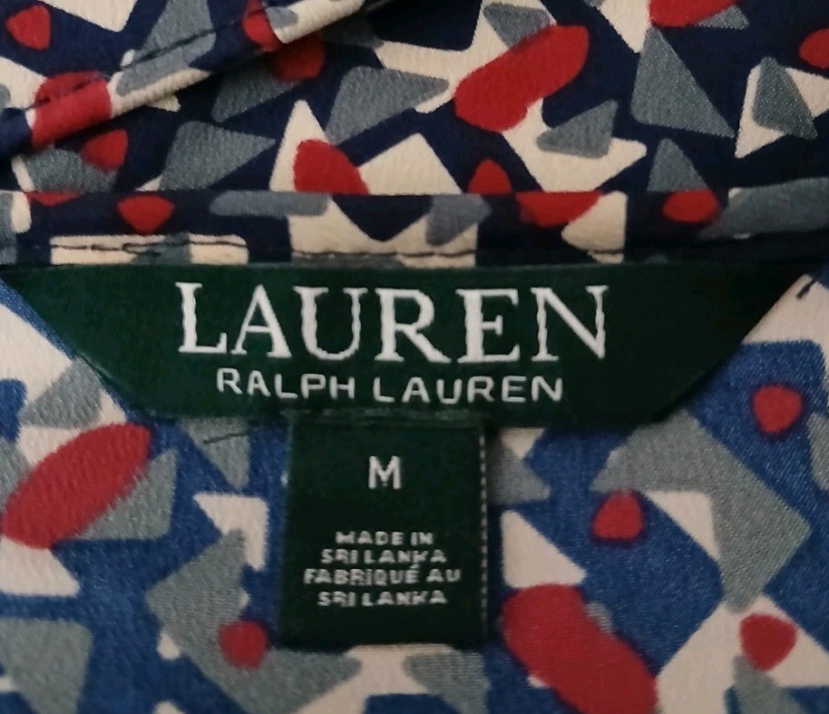 Lauren Ralph Lauren Top Blouse Size M Bell Cuff Tie Front Tunic Geometric
