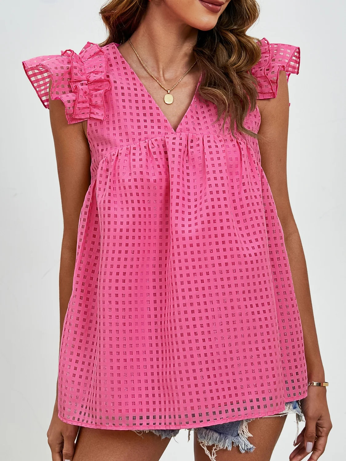 Women Ruched V-Neck Cap Sleeve Blouse