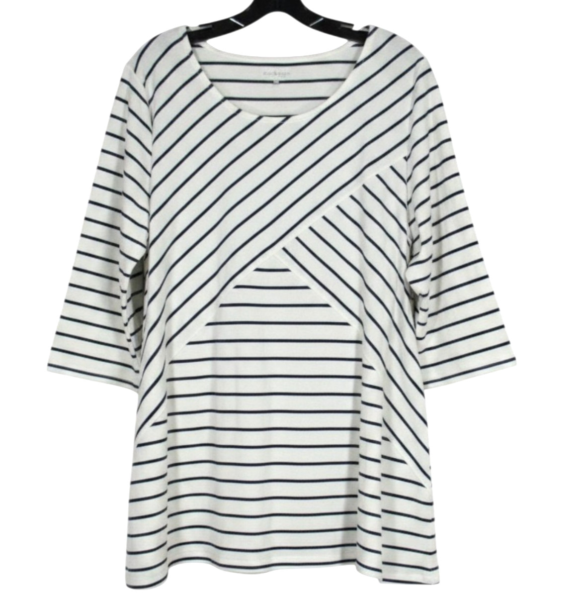 NWT KIM ROGERS CURVY Twill CRISS-CROSS STRIPES 3/4 Sleeves BLOUSE/TUNIC TOP 2X