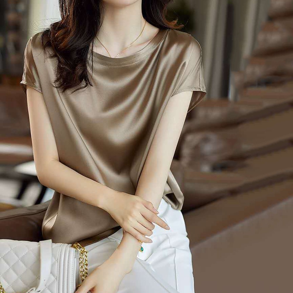 Soft and Shiny Women Office Lady Tops Satin Short Sleeve Blouse Shirts