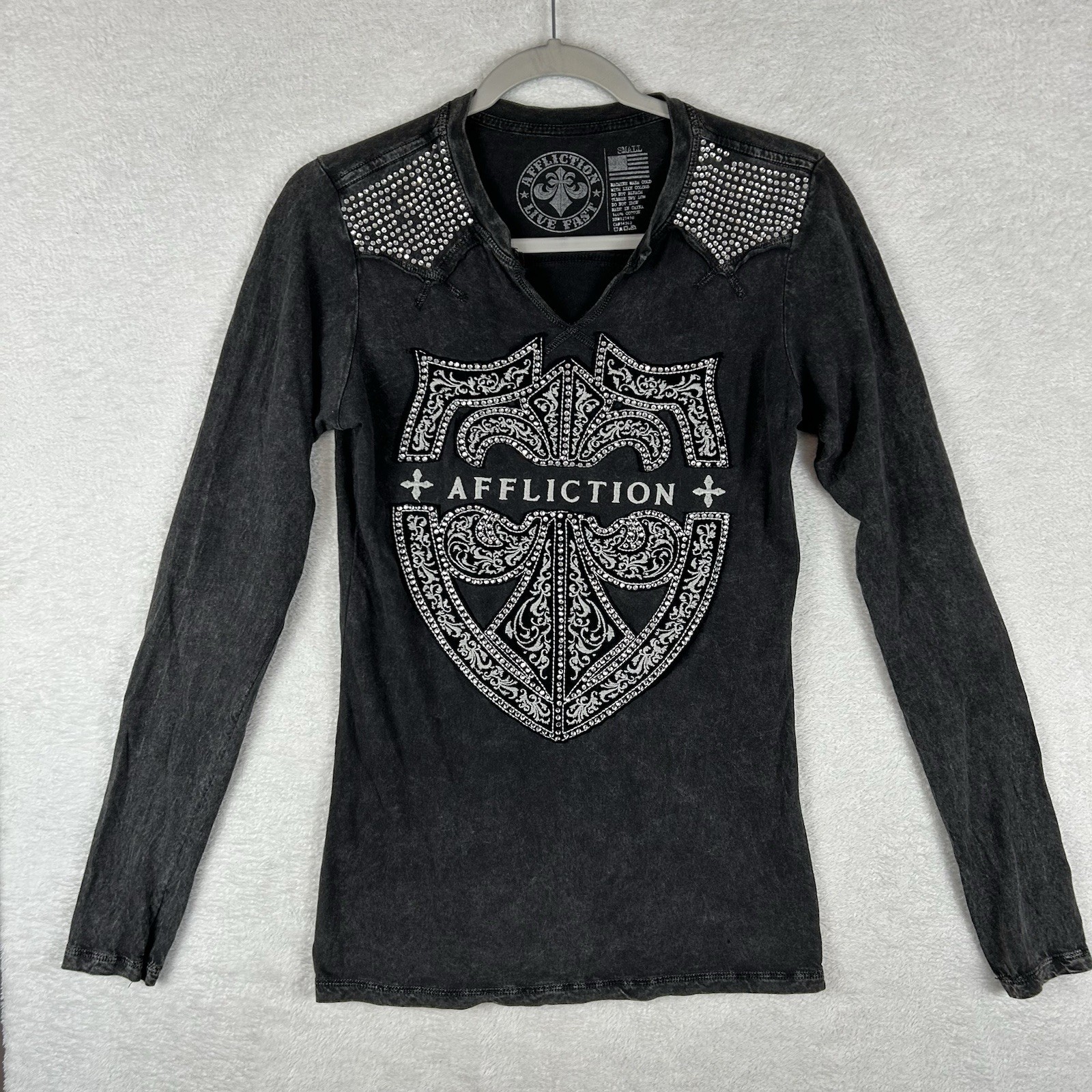 Affliction Rhinestone Studded Gothic Stone Wash Black Women’s Size S Y2K Grunge