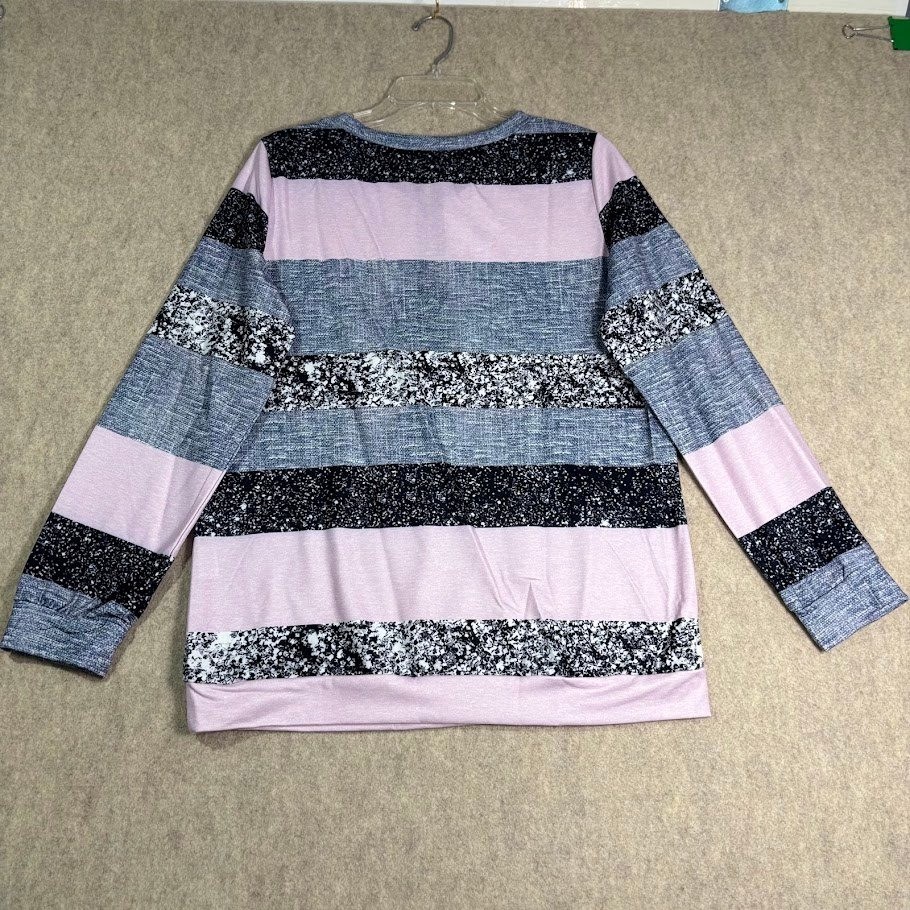 Striped Long Sleeve Quarter Zip Pullover Womens M Pink Grey Polyester Casual Top