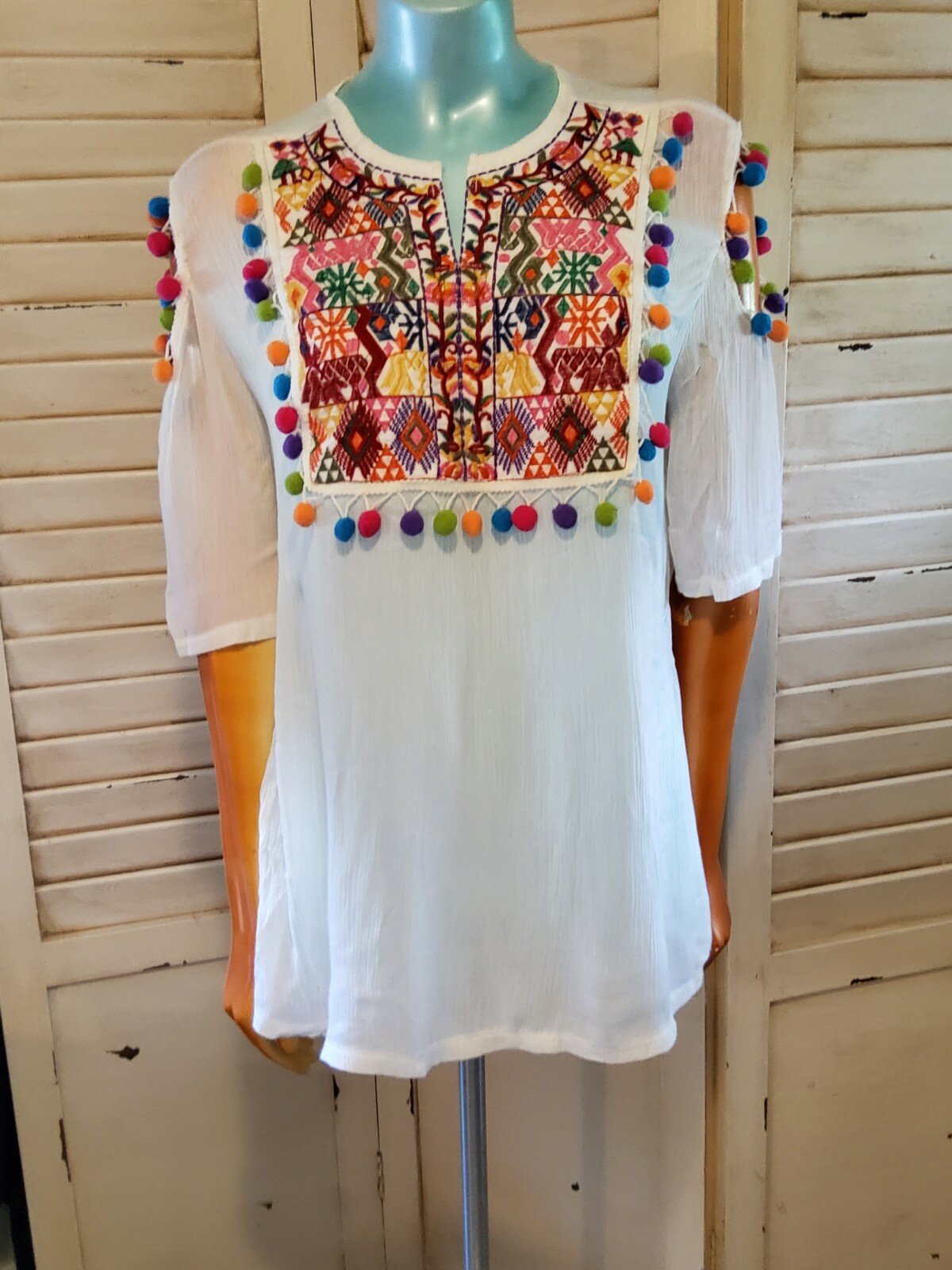 India Boutique Tunic Style Top Cream Multicolor Embroidered W/Pom-poms