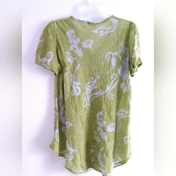 Krasuy Designs Lightweight Summer Top Green White Floral Beach Boho Size Medium