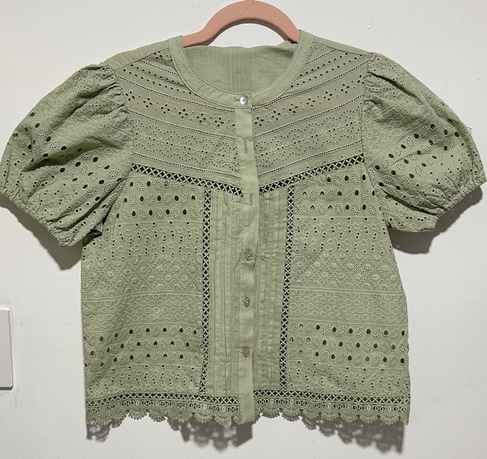 Industry Republic Clothing Embroidered Eyelet Puff Sleeve Button-Up Shirt Rust M