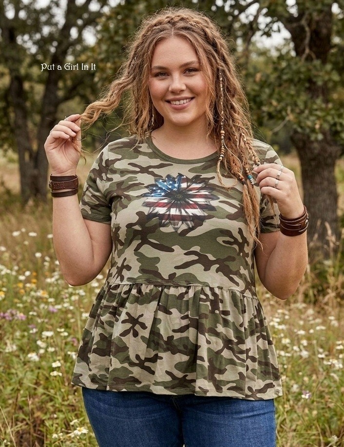 Boho Women’s Plus Size USA Camouflage Camo Flag Sunflower Shirt Tunic 1X 2X 3X