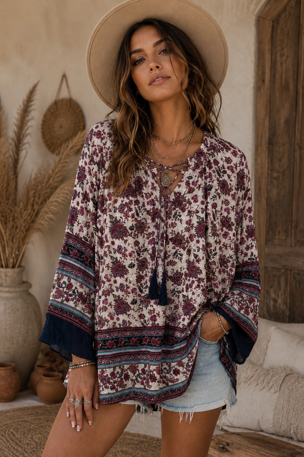 En Crème Boho Floral Peasant Blouse Small NWT Cream Burgundy Bell Sleeve Top