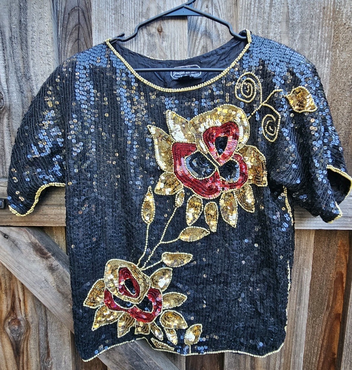 Vintage Jean For Joseph Le Bon Floral Sequin Beaded Silk Top Blouse Size Large L