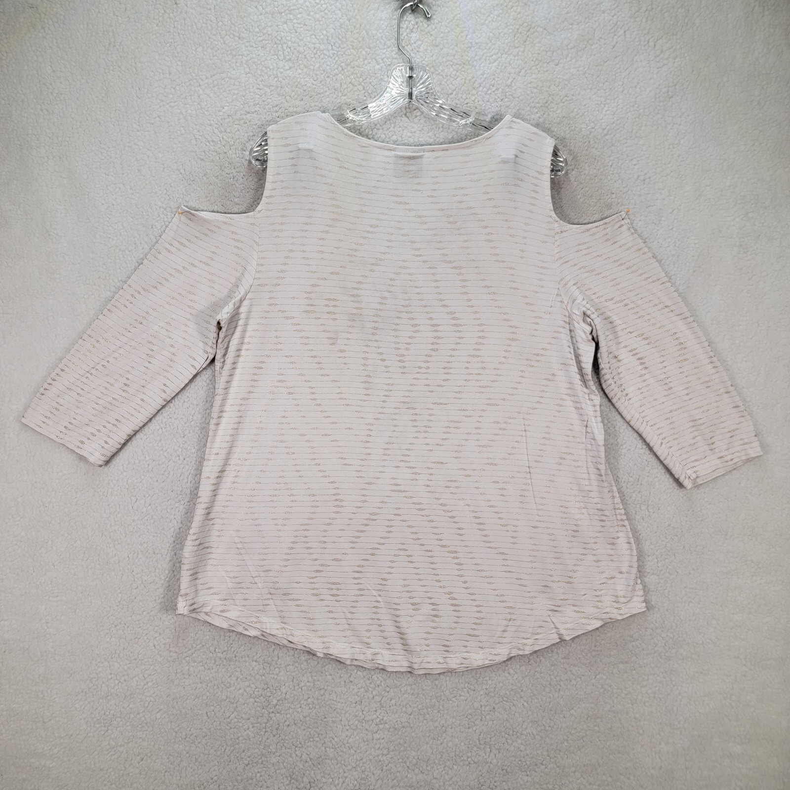JM Collection Womens Top Size L White Striped Stretch Knit Cold Shoulder Blouse