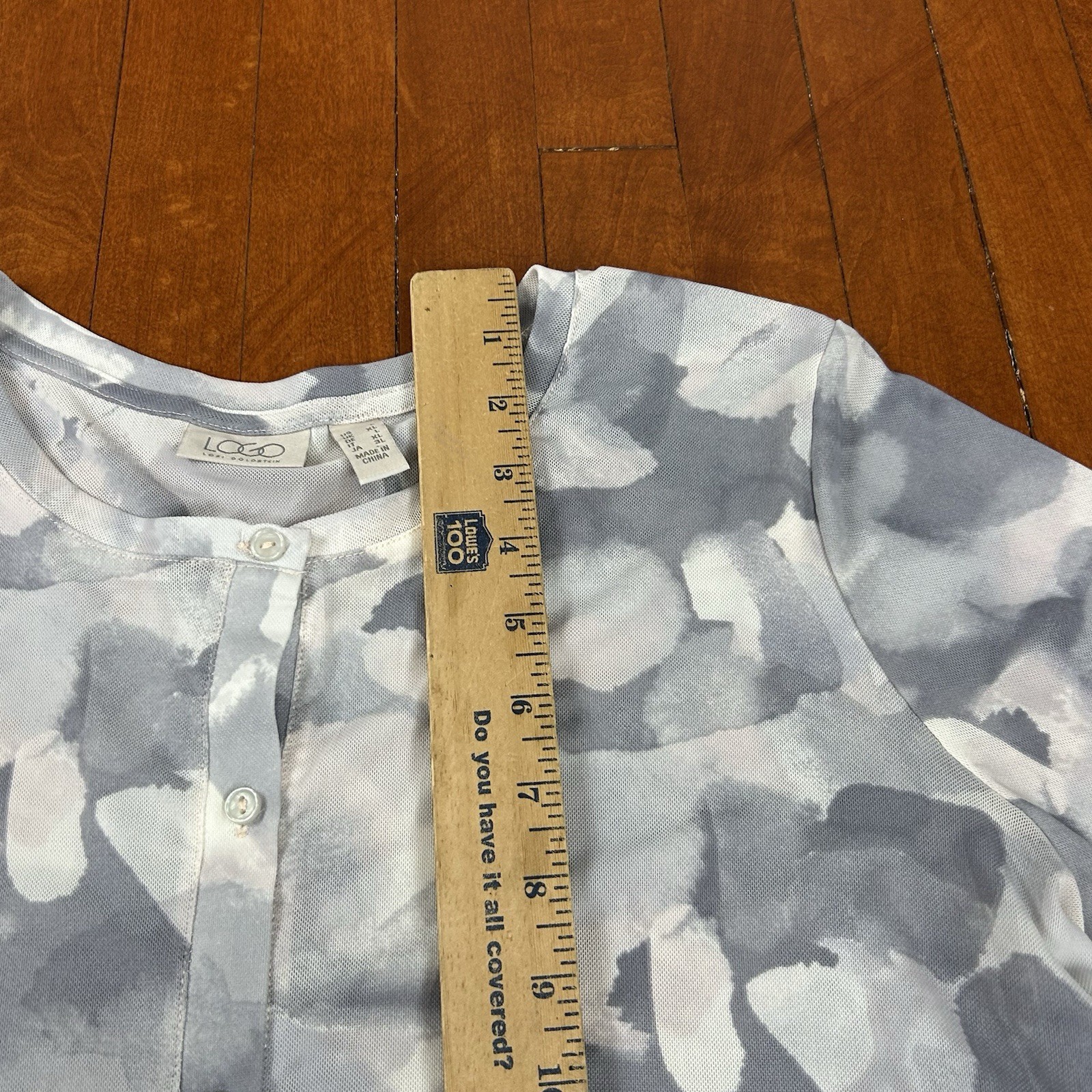 LOGO Lori Goldstein Gray Printed Button Down Top Blouse Size L Watercolor Mesh