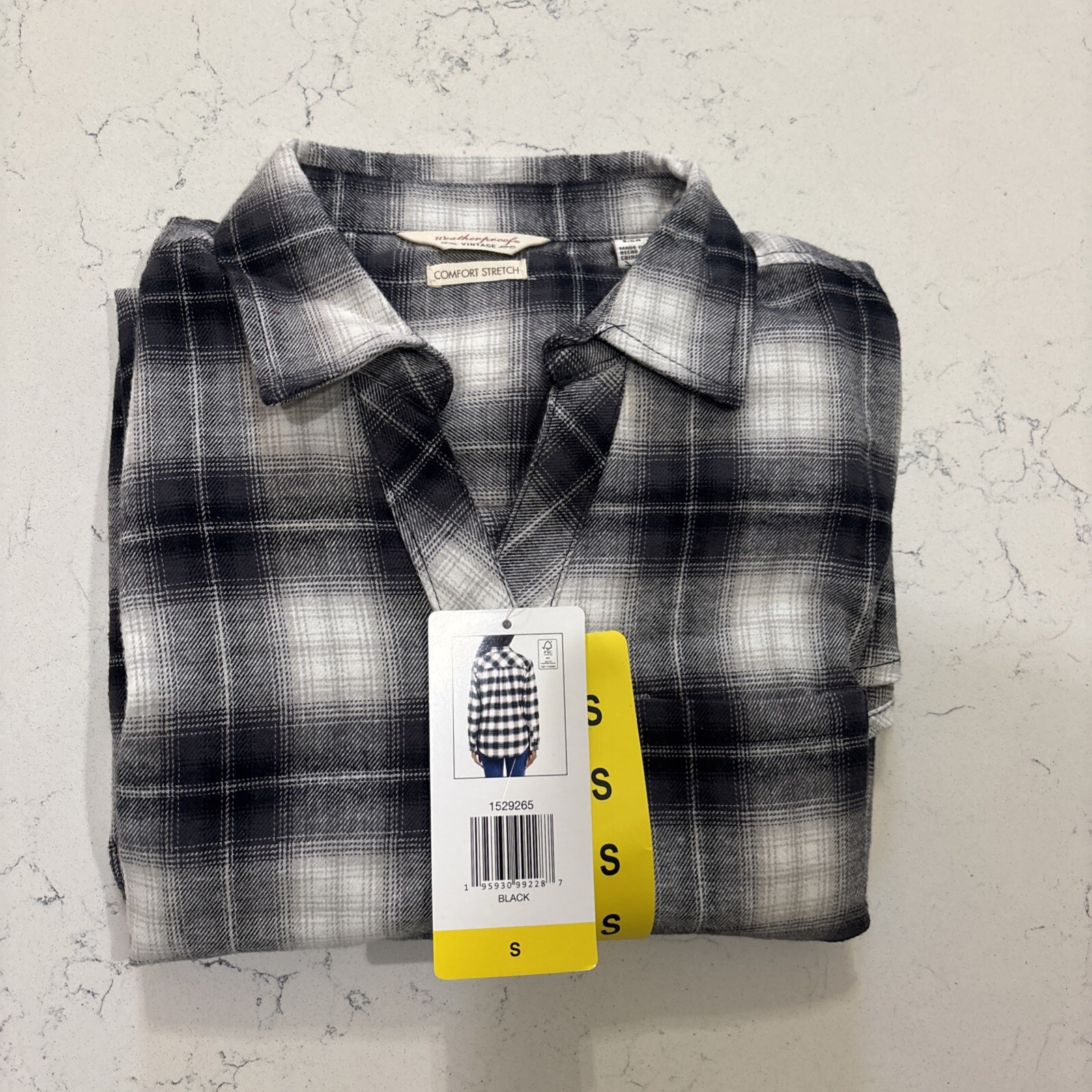 Womens Small Black Gray Flannel Weatherproof Vintage Comfort Stretch Plaid Shirt
