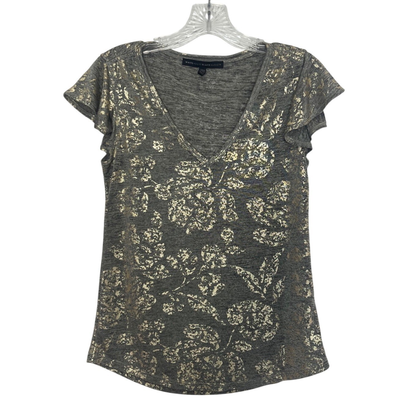 White House Black Market Metallic Floral Print Shirt Top Vneck XXS Gold Gray