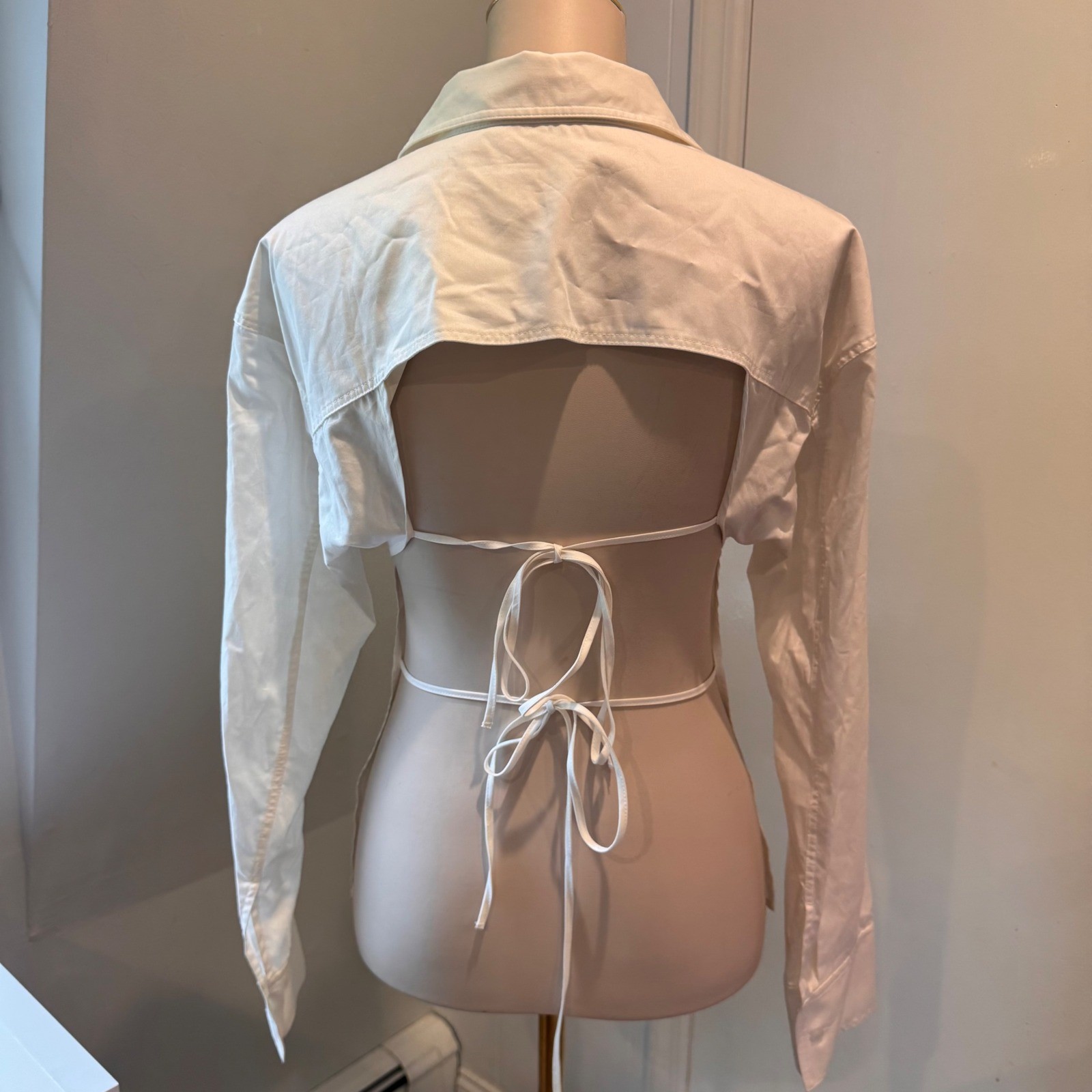 Zara White Open Back Tie Poplin Shirt Button Down Sexy Cutout Detail | Size S