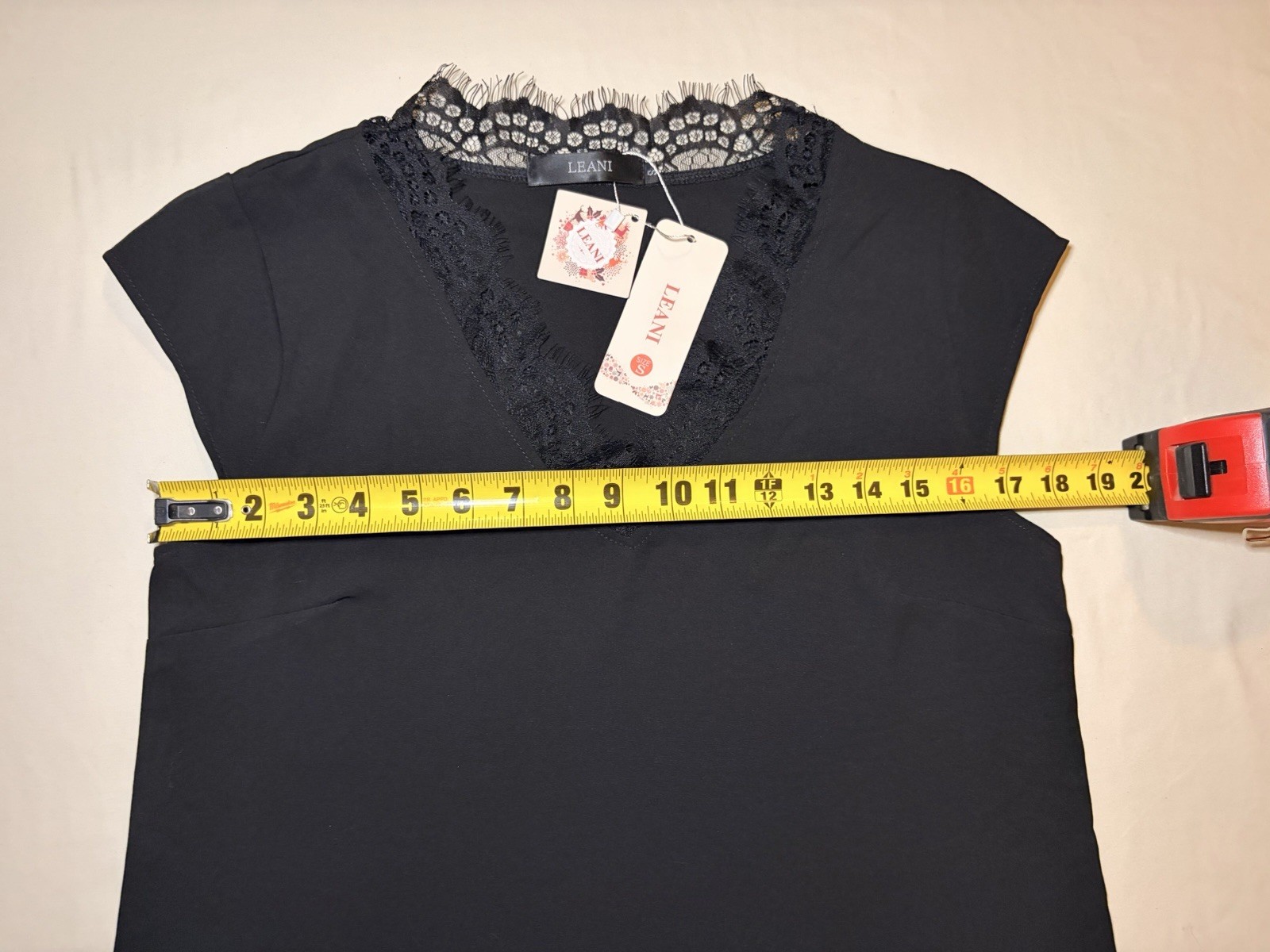 LEANI Womens Blouse Small Black Lace V Neck Cap Sleeve Top NWT