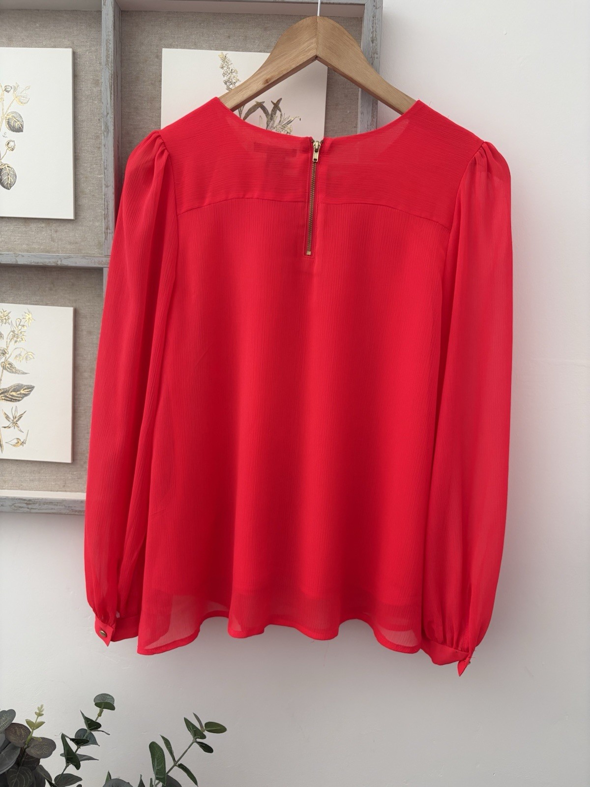 H&M Bright Red Chiffon Blouse Size EUR 34 UK 6 / 8 Long Puff Sleeve Smock Top