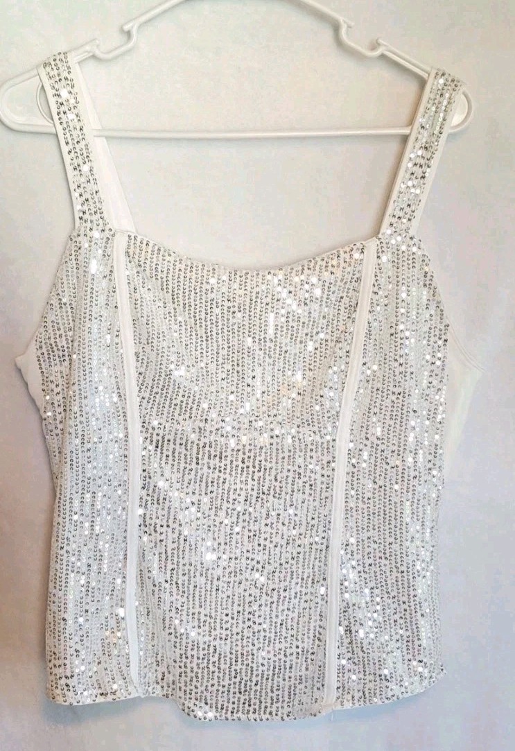 New Women’s Top White Sequin Sparkle Tank Shirt Blouse By Grace Karin Large NWT
