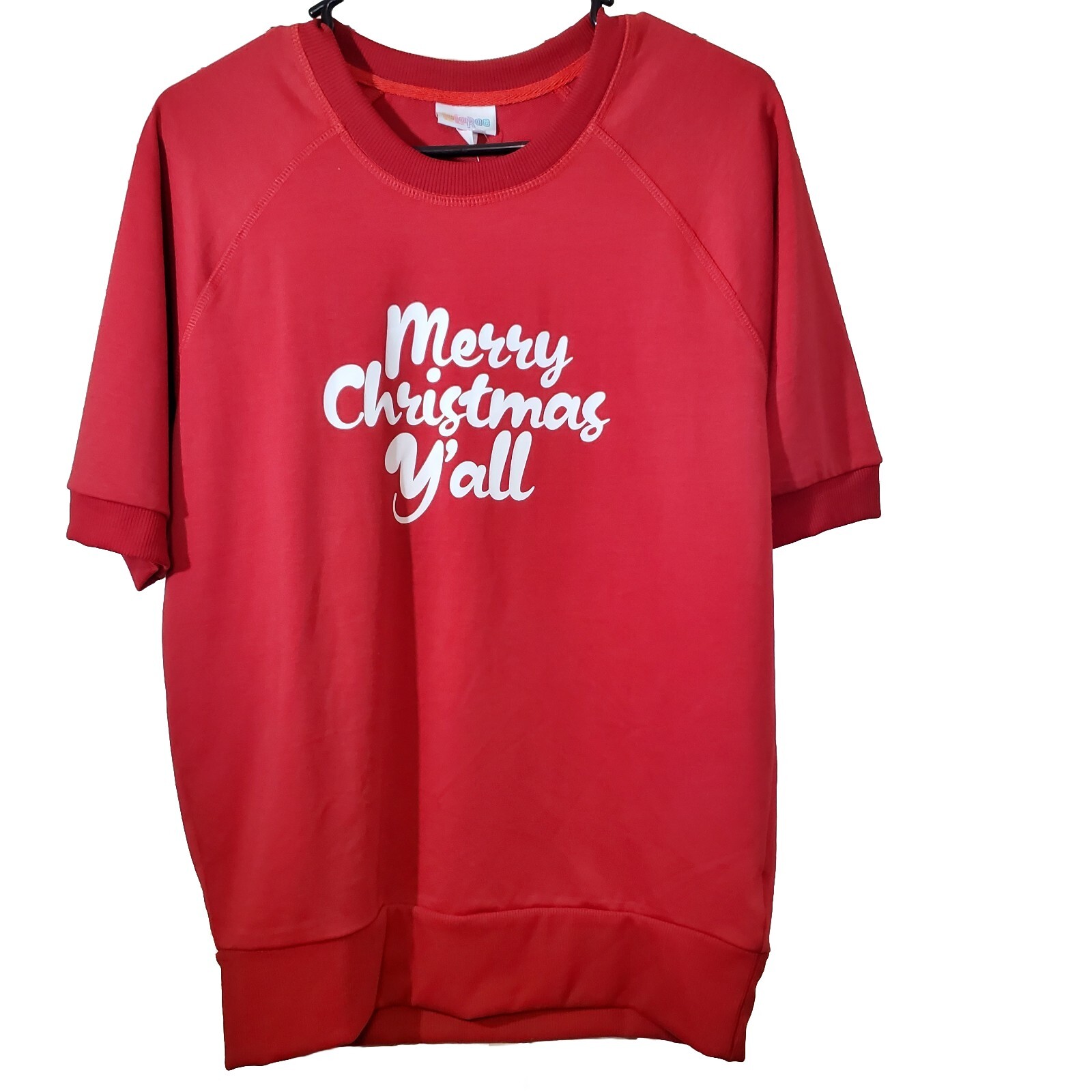 LulaRoe Jane Sweatshirt Womens Small Red Short Sleeve Xmas Merry Christmas Yall