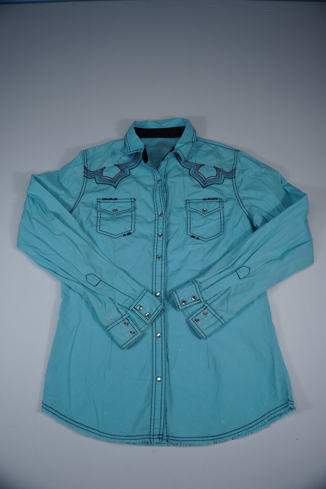 Rock 47 by Wrangler Mens M Long Sleeve Shirt Blue Embroidered Pearl Snap Button