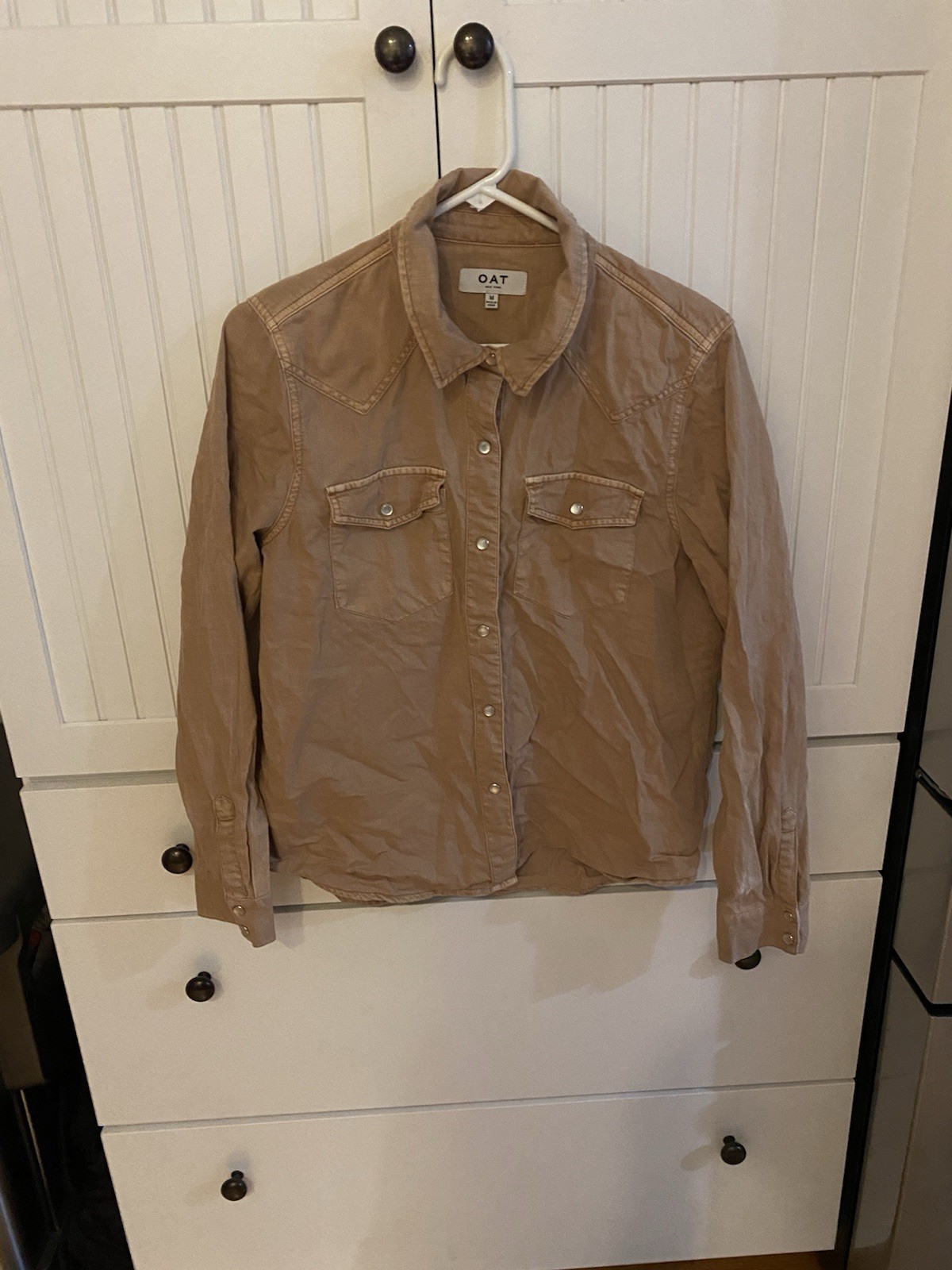OAT New York Women’s Tan Pearl Snap Button Up Shirt Medium