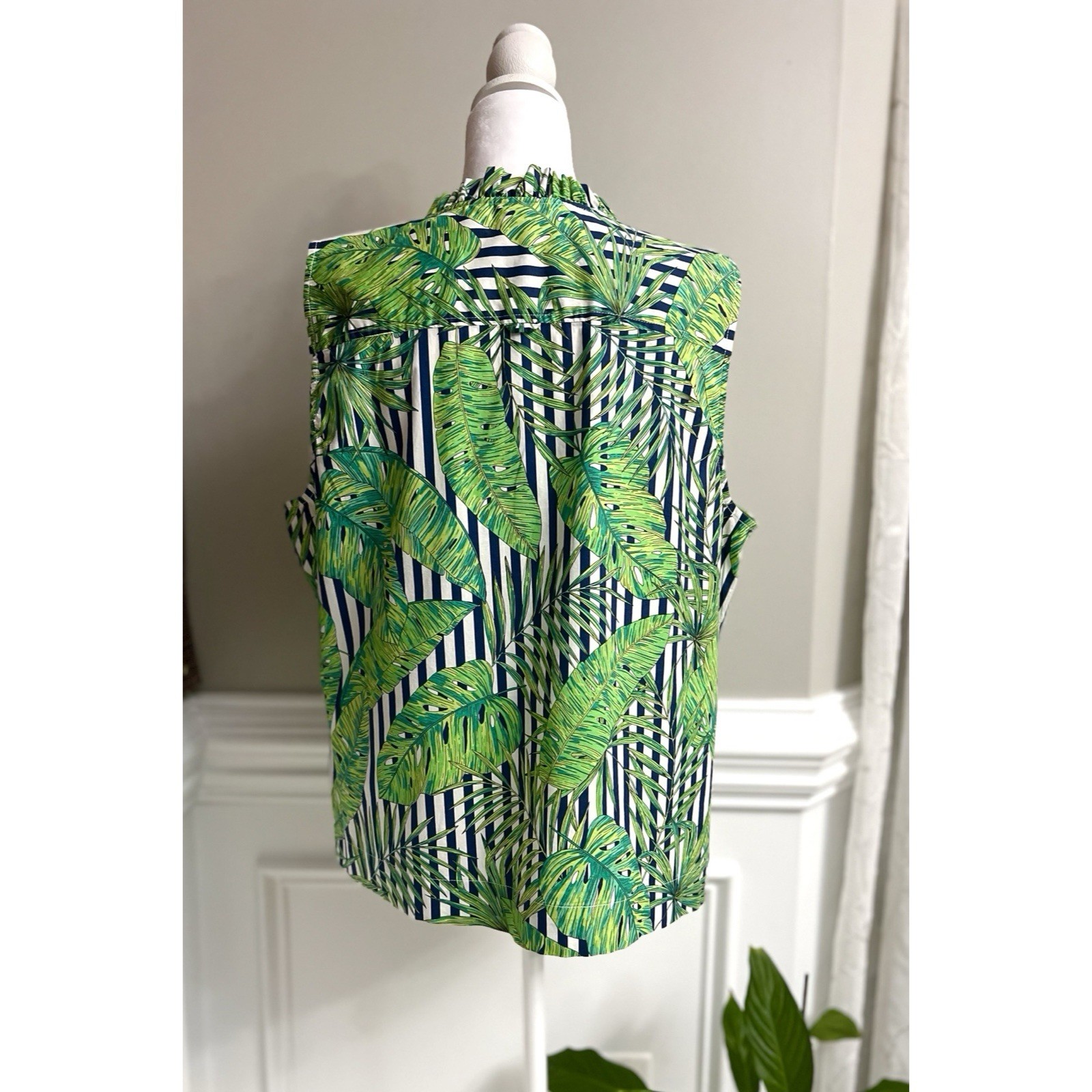 Rafaella Tropical Palm & Stripe Tie-Front Sleeveless Blouse