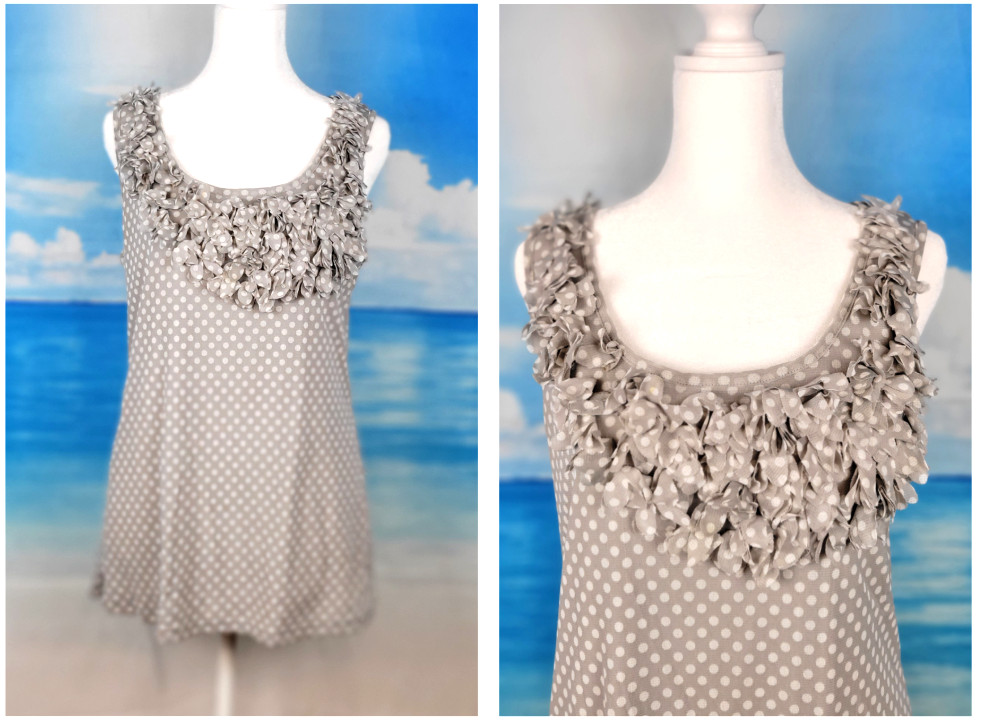 INC Womans GREY & WHITE Polka Dot TUNIC Top 3D Floral Accent LINED Stretch XL