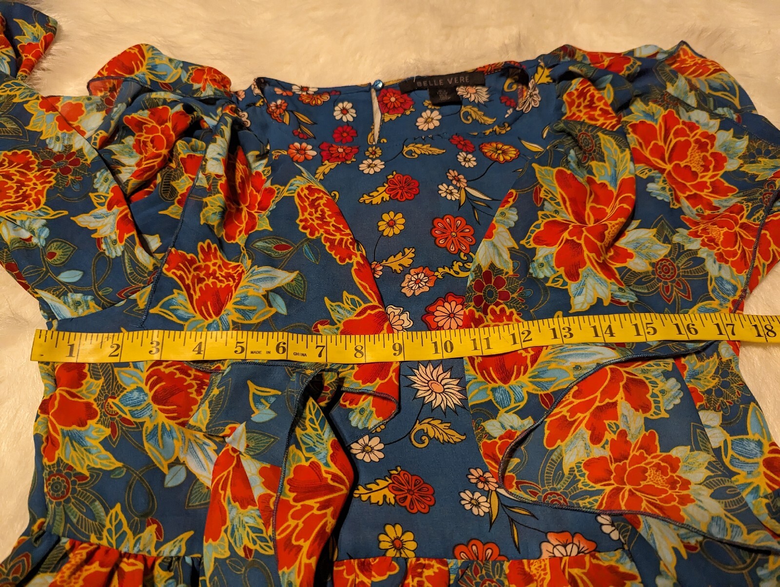 New BELLE VERE Colorful Floral Ruffle BOHO Top Shirt Dark Teal Orange Size Small