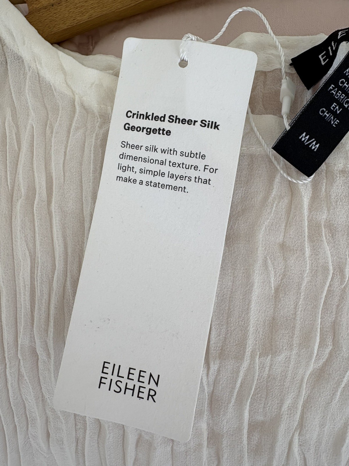 Eileen Fisher Crinkled Sheer Silk Georgette Tunic Top M Ivory Long Sleeve