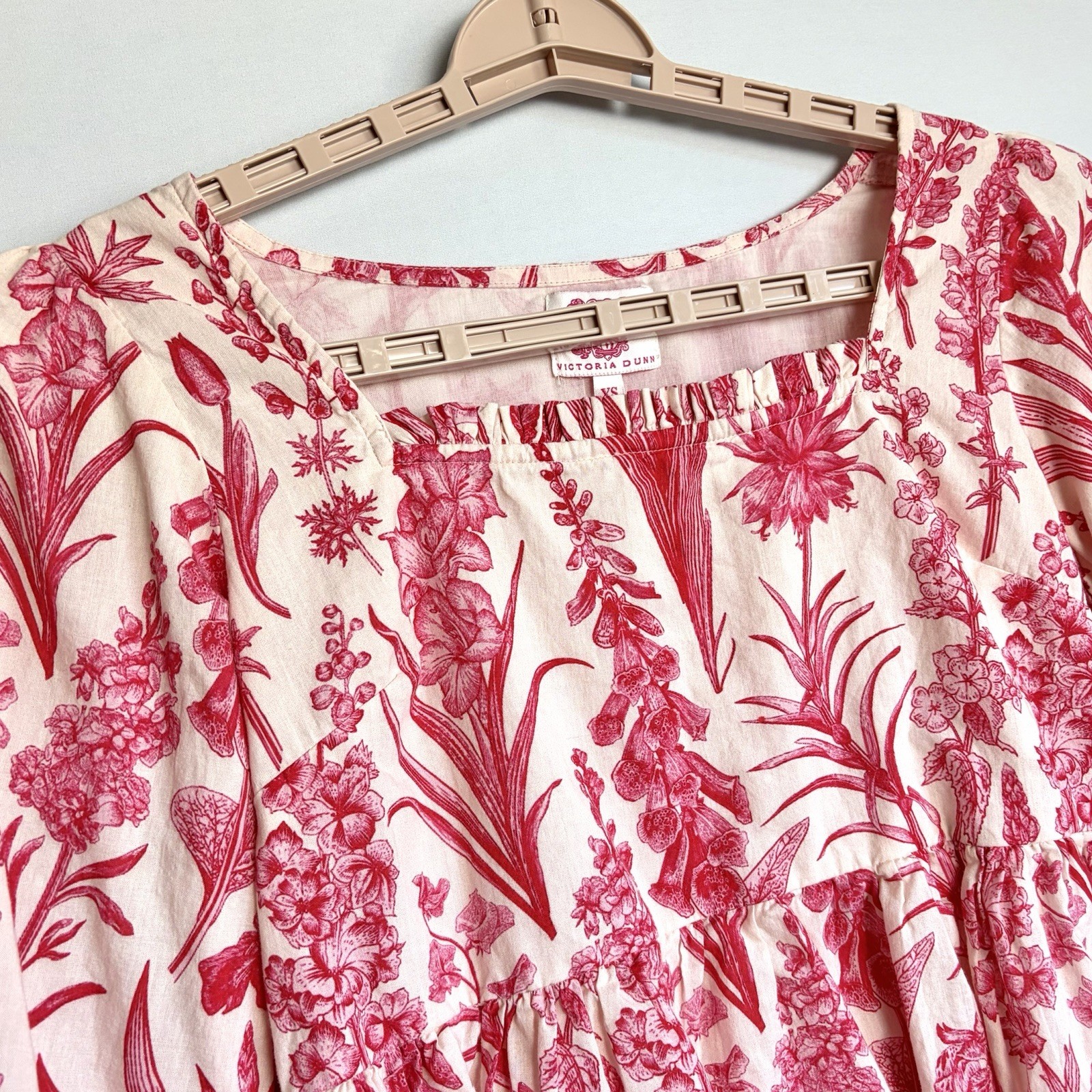 Victoria Dunn Floral Print LS Blouse XS Gathered Waist Square Neck Prairie EUC
