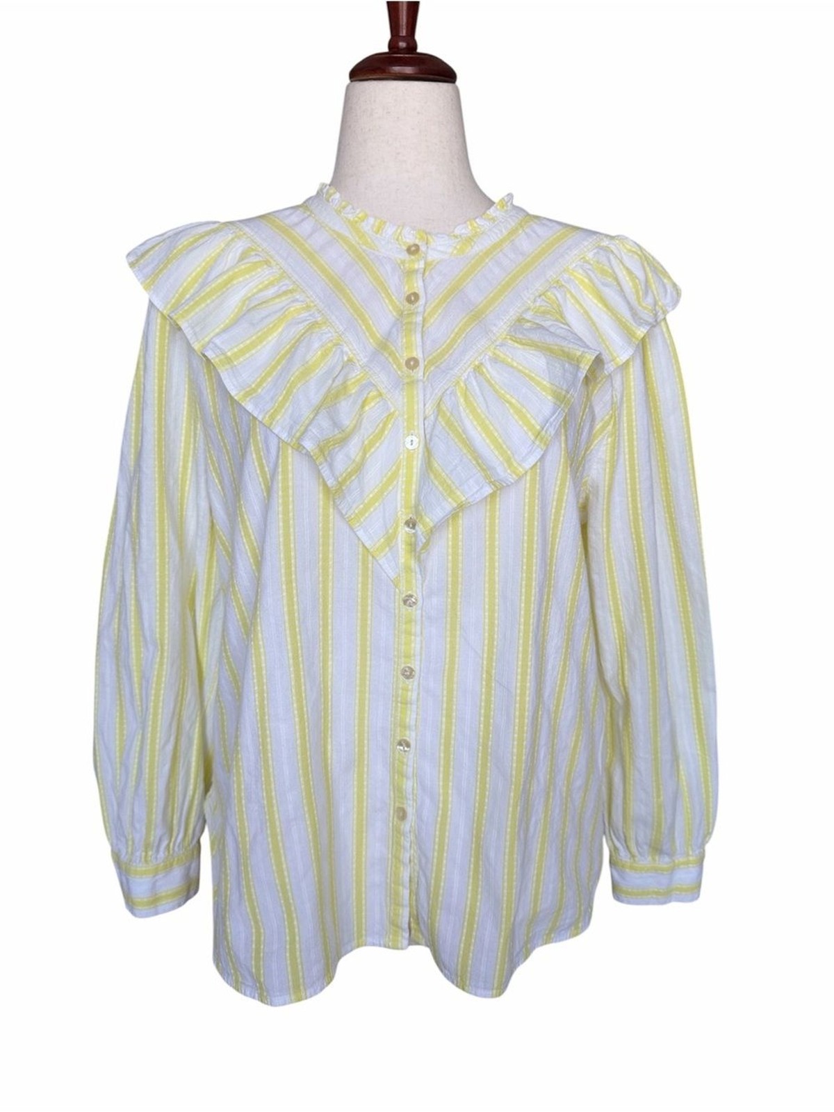 LOFT XL Yellow White Stripe Ruffle Collar Button Front Cotton Blouse Cottage