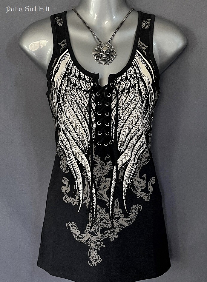 New Womens CRYSTAL BLACK ANGEL WINGS LACEUP V BIKER TANK TOP S M L XL 1X 2X 3X