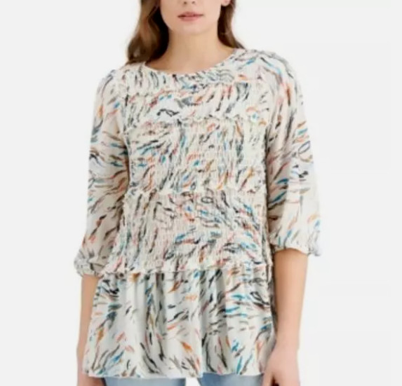 Fever Womens M Whisper White Printed Ruffled Ruched 3/4 Sleeve Top NWT BR66
