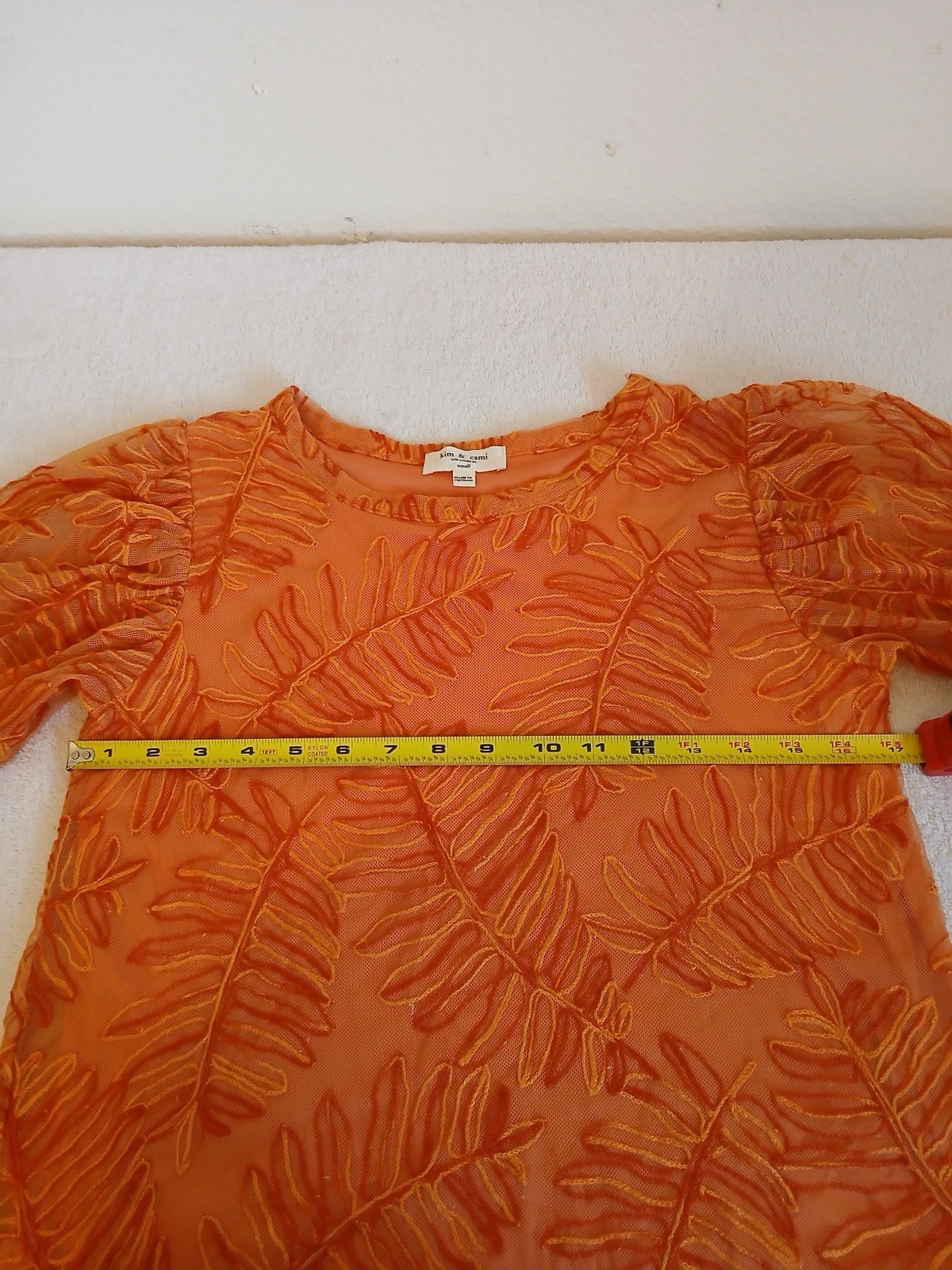 Kim & Cami S Coral Mesh Leaf Embroidered Puff Sleeve Sheer Blouse