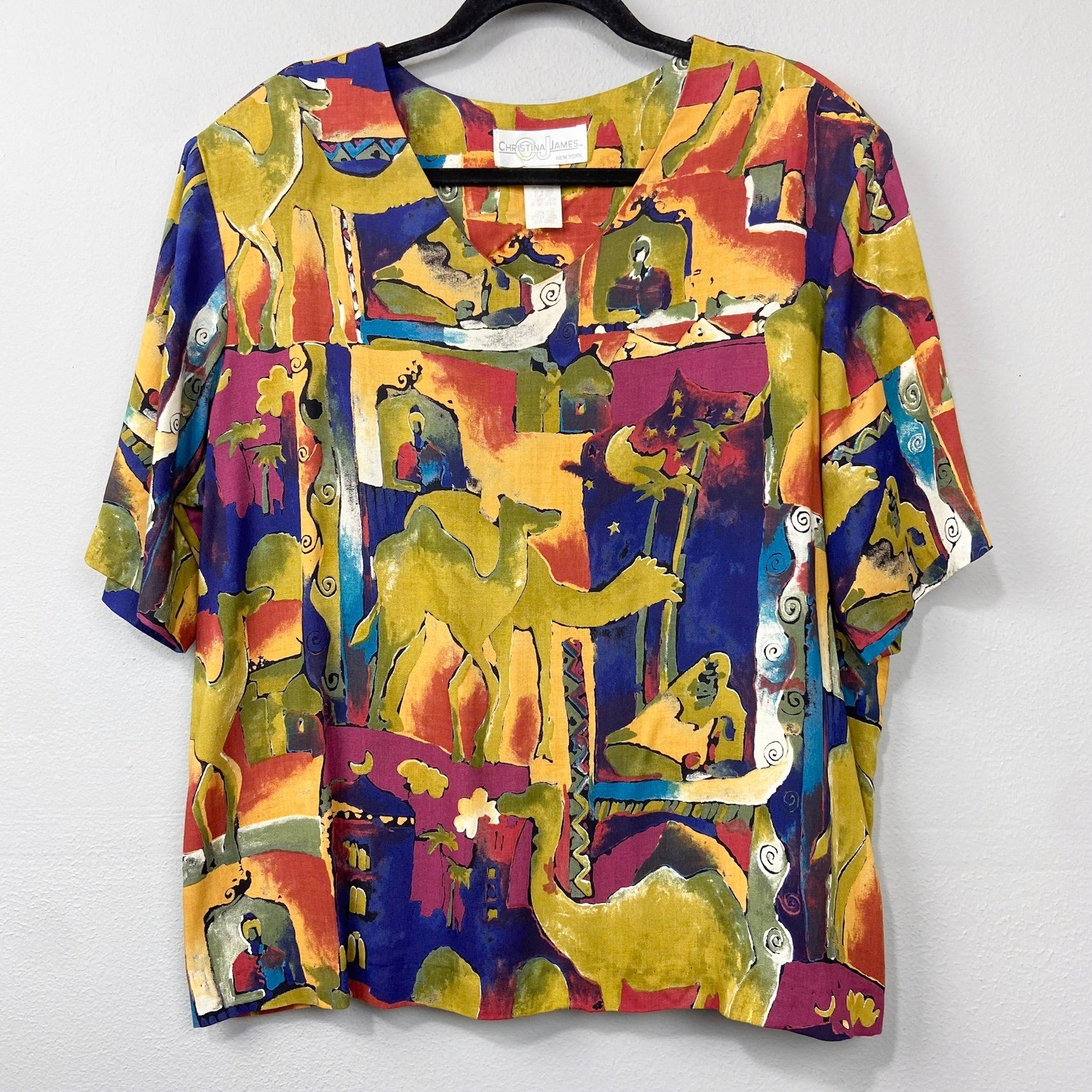 Vintage 90s Christina James Blouse Size L Abstract Camel Artsy Print Boxy Top