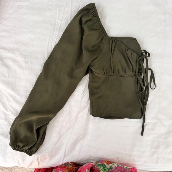 L.A. Hearts Olive Green Milkmaid Tie-Front Crop Top Puff Sleeve Boho – XS