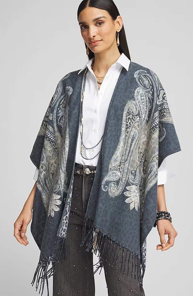 Chico’s PAISLEY LEOPARD REVERSIBLE RUANA OS Gray Fringe Wrap BOHO NWT $140