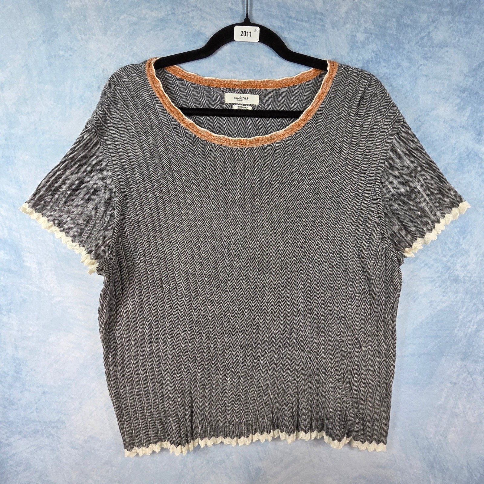 Isabel Marant Etoile Womens 42 Herringbone Knit Scalloped Cotton Top Grey Orange