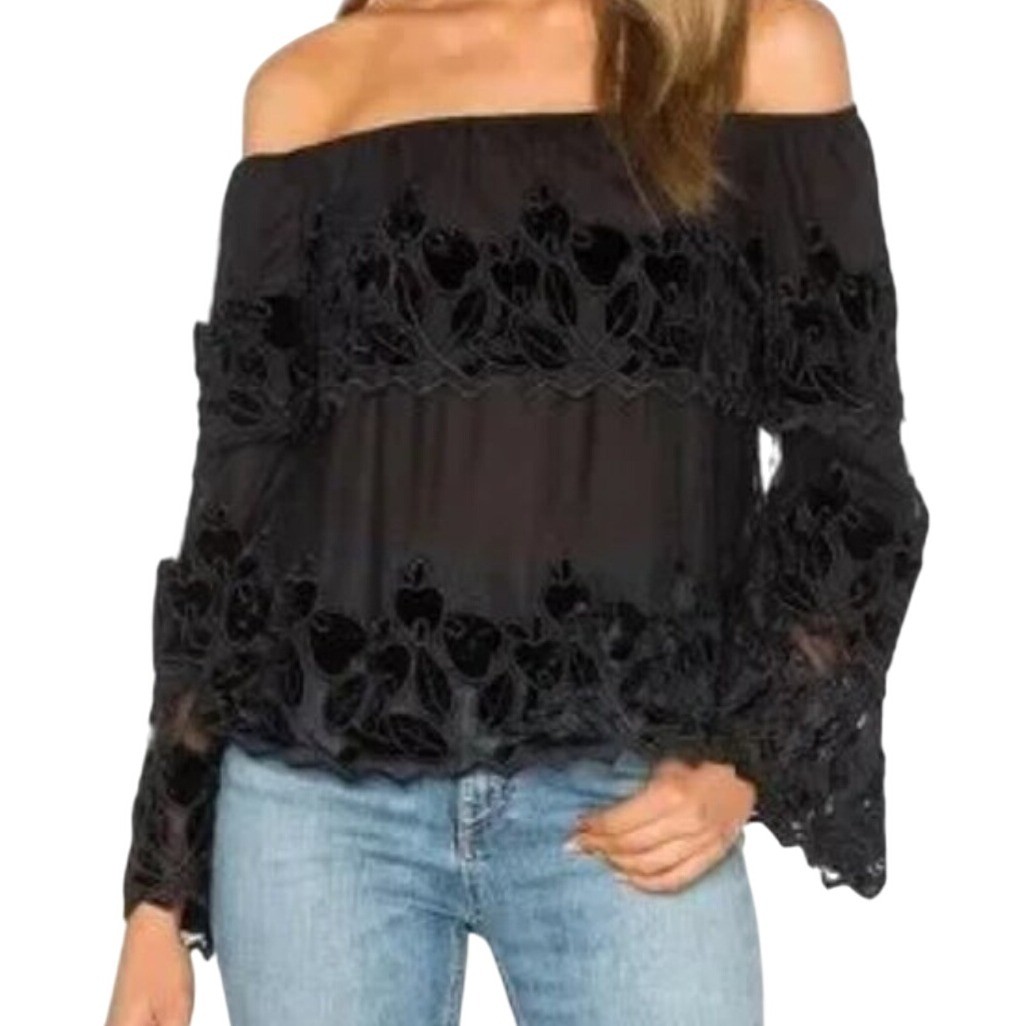 Endless Rose Black Off Shoulder Bell Sleeve velvet Sheer Blouse Top L new goth