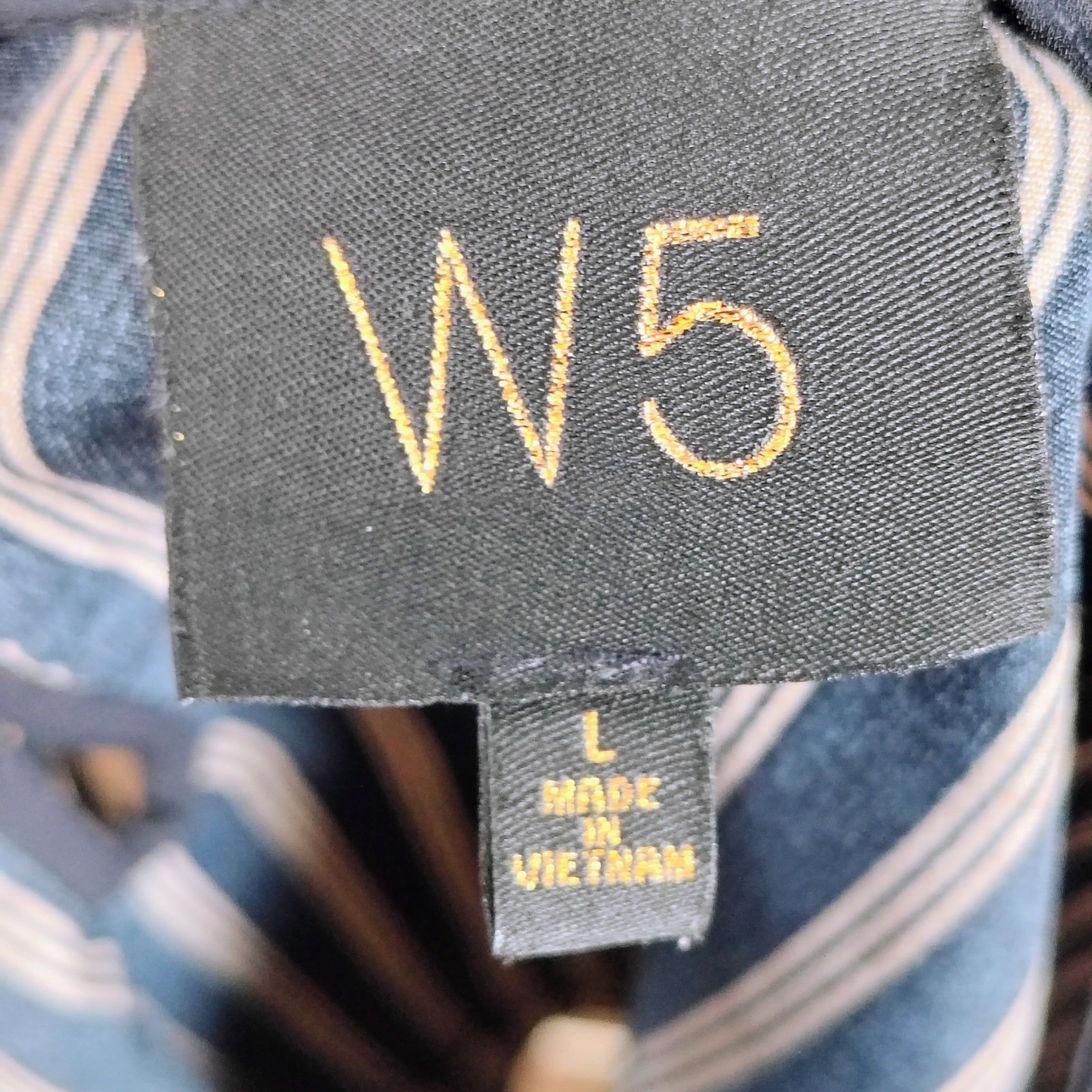W5 Womens Navy Tan Striped Bell Sleeve Keyhole Back Blouse L nautical preppy