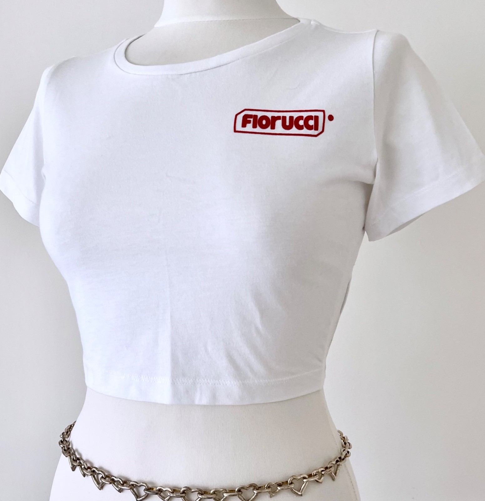 Fiorucci Size L Cropped White Short Sleeve Baby Tee T-Shirt Italian Designer