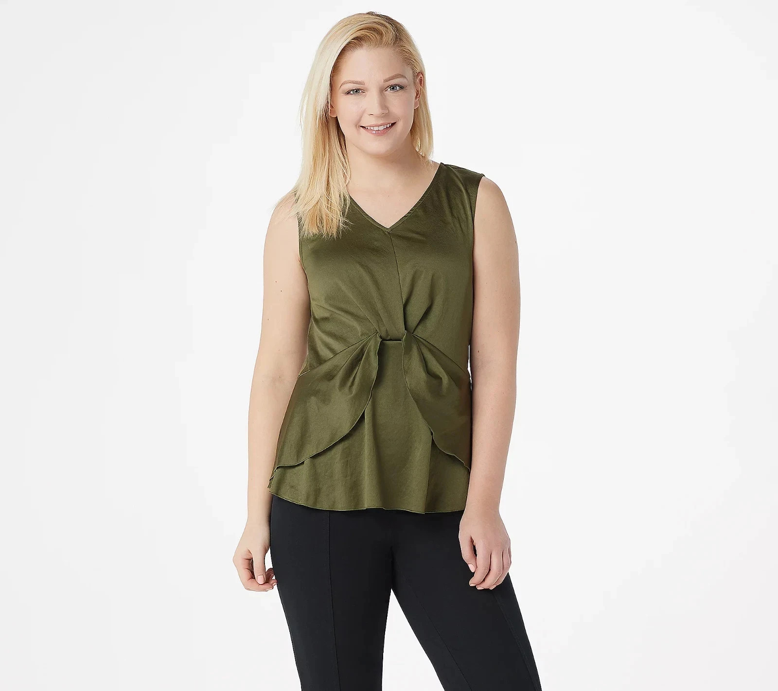 Du Jour V-Neck Woven Top with Layered Hemline