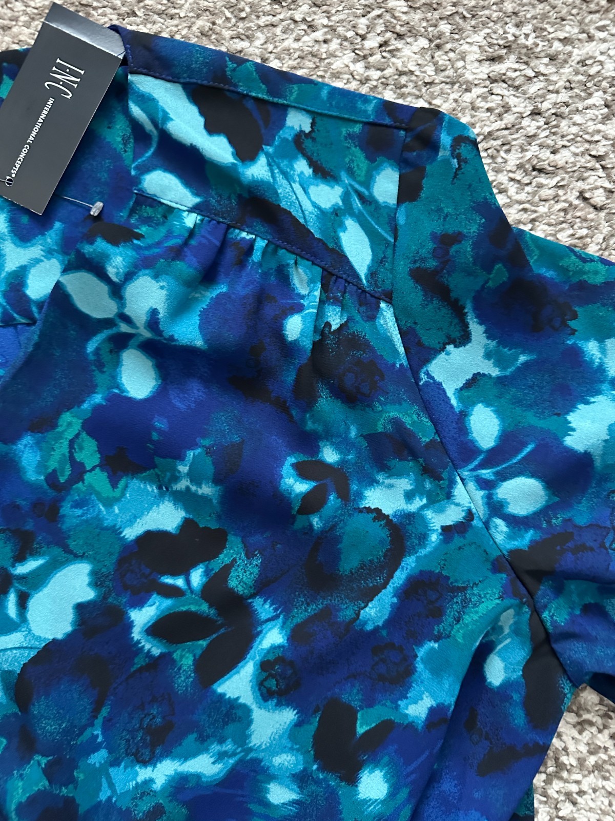 INC (L) Blue Teal Quinn Garden Water Print Surplice Top International Concepts