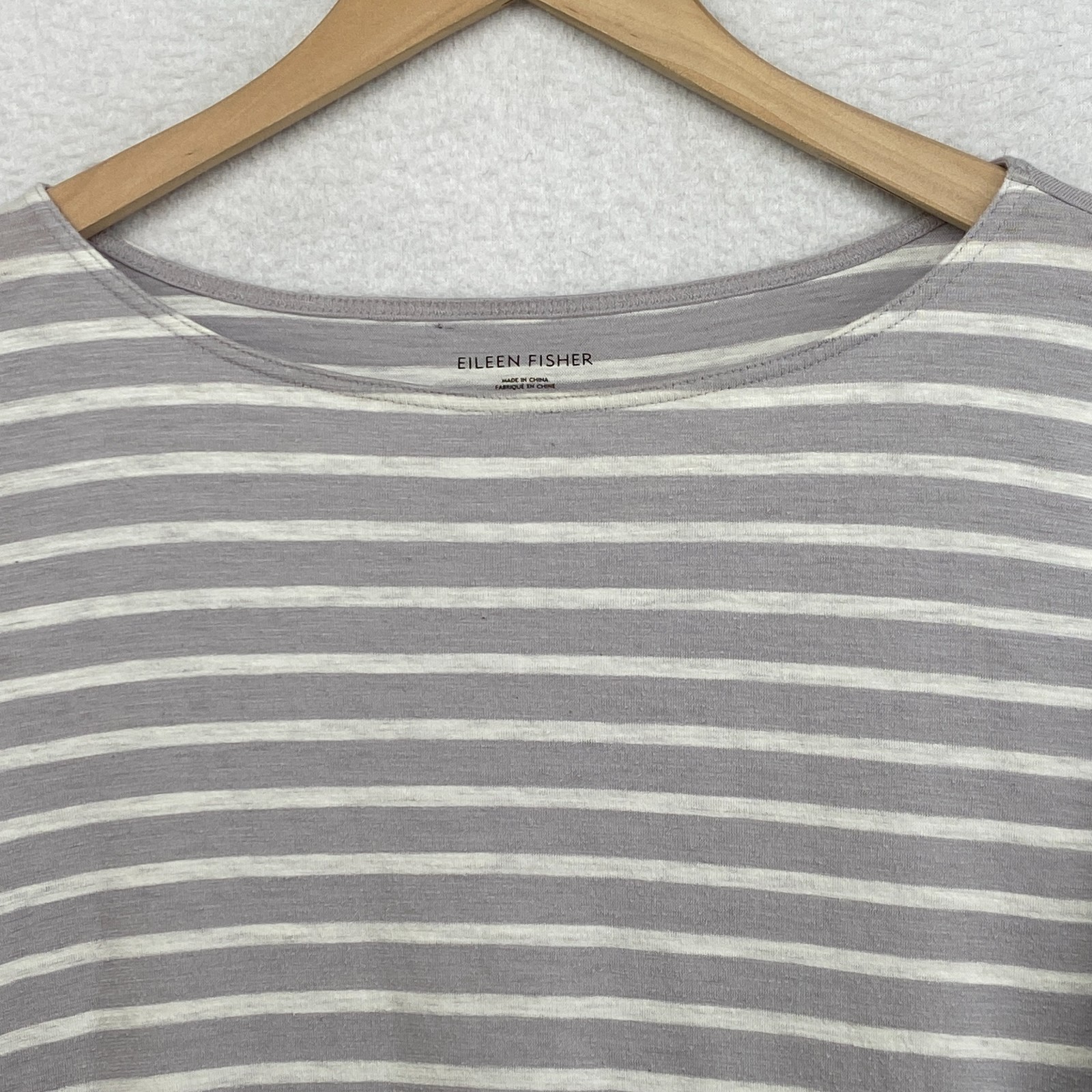 EILEEN FISHER Top L Organic Cotton Jersey Striped Boat Neck Long Sleeve Gray