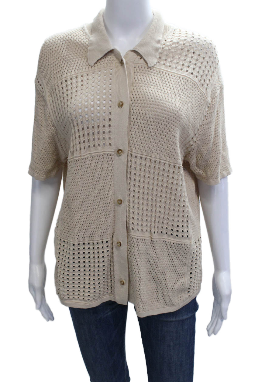 Kotn Womens Beige Collared Button Cardigan Short Sleeve Size S