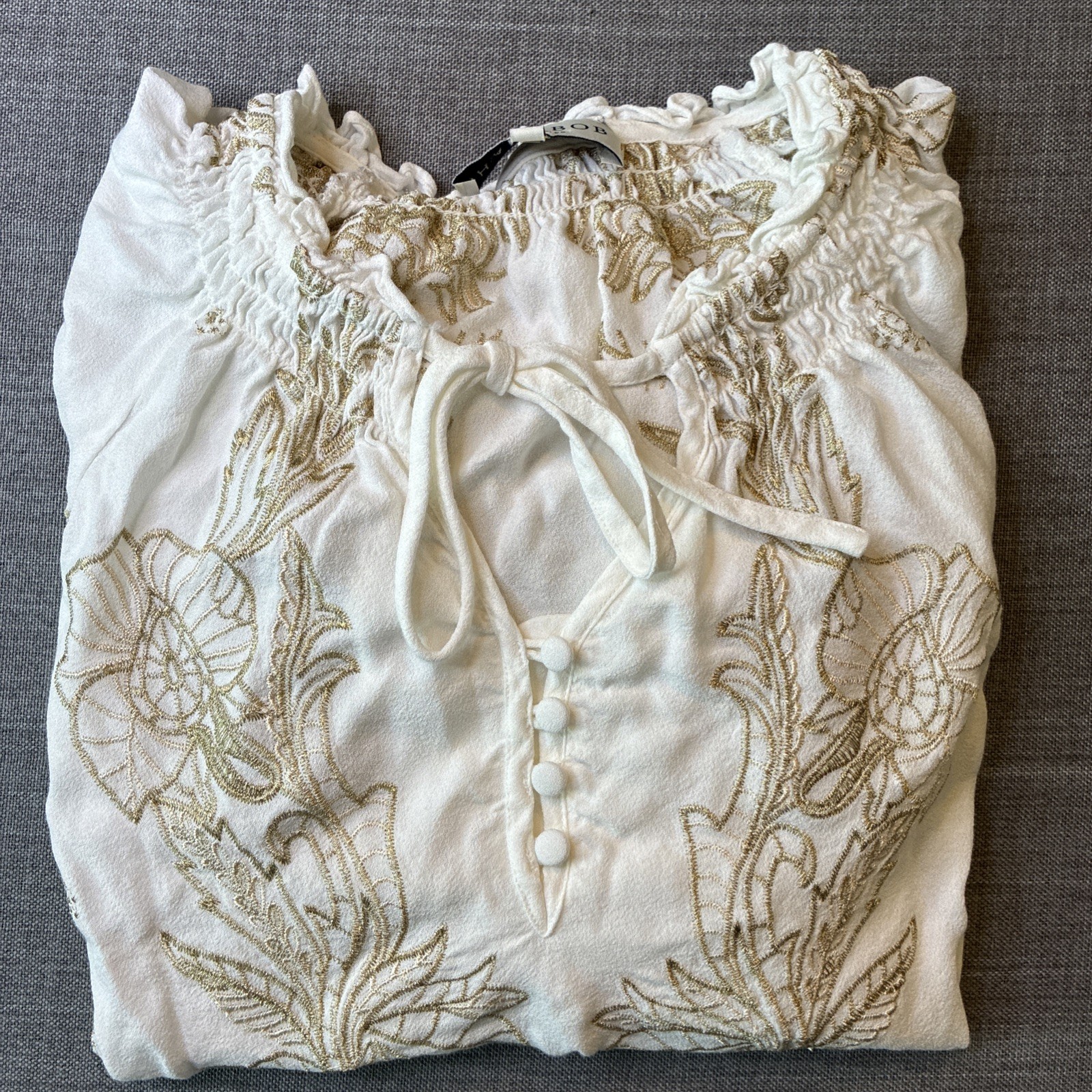 Hale Bob Women’s White Gold Floral Embroidered Peasant Blouse Bishop Sleeve S