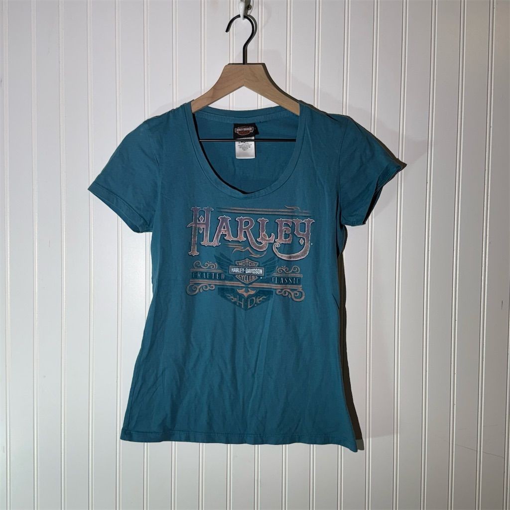 Harley-Davidson Y2K Blue Double Sided Logo V Neck T-Shirt S Biker Babe Grunge