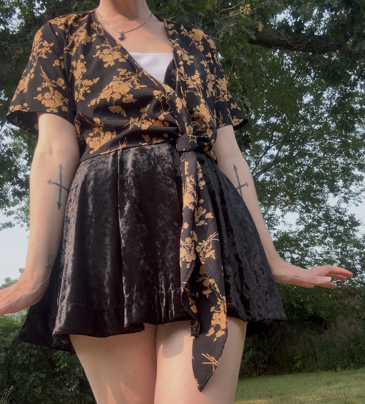 Boho Chic Black Gold Floral Semi-Sheer Crop Top Versatile Blouse Women’s OSFM