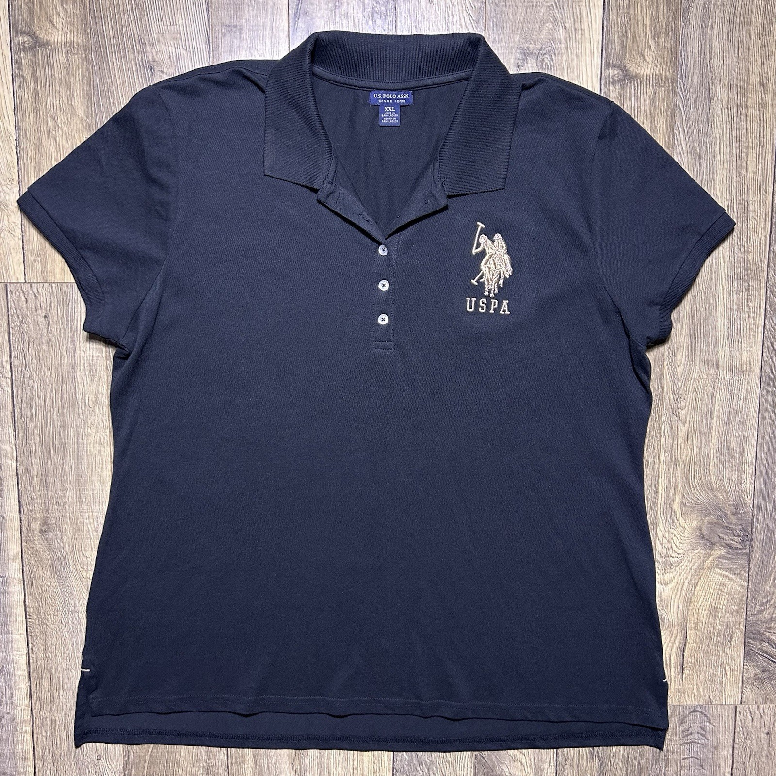 U.S.Polo ASSN Womens Polo Shirt Black/Gold USPA Embroidered Short Sleeve Sz 2XL